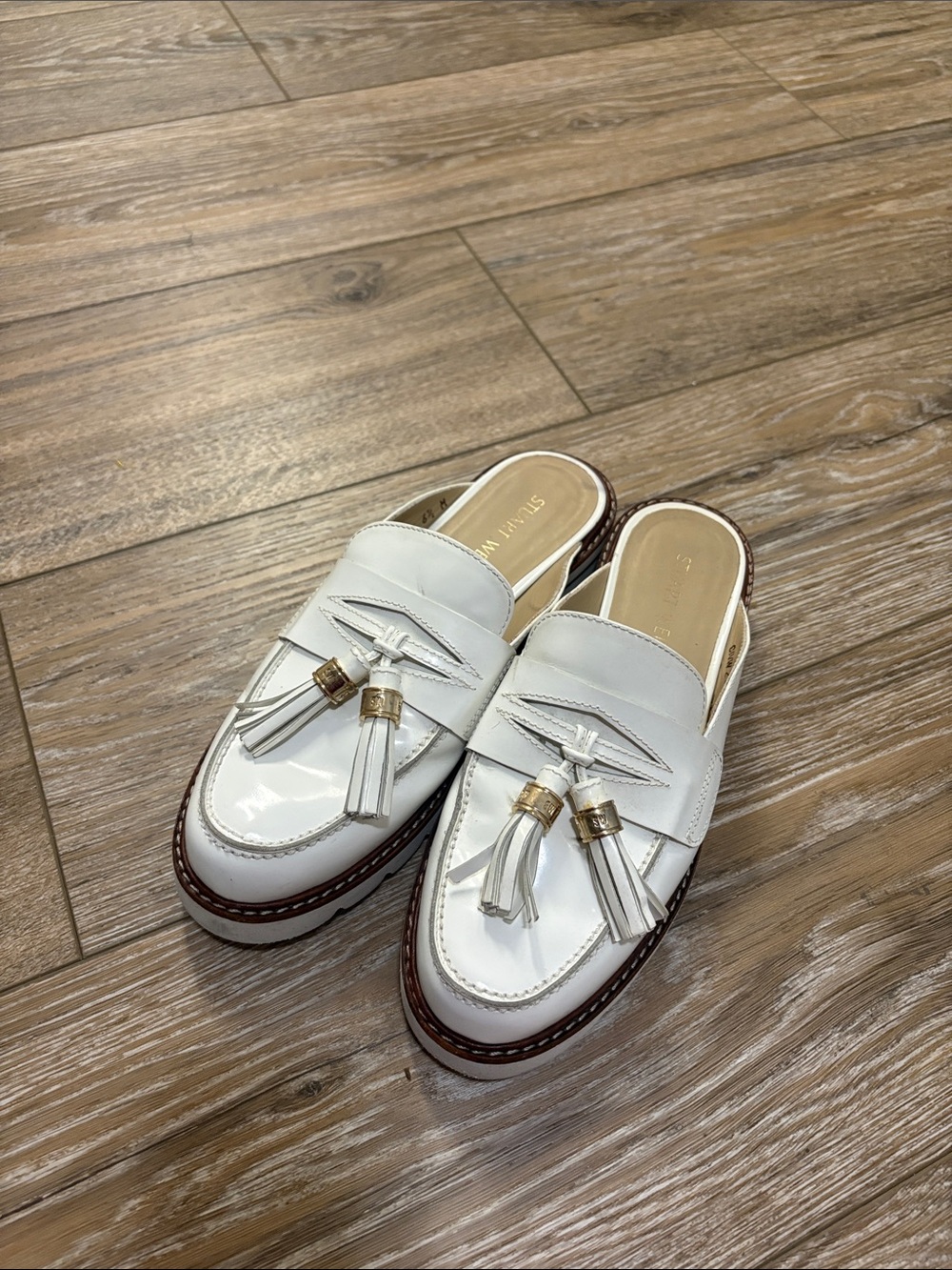 Stuart Weitzman White Tassel Leather Loafer Mules